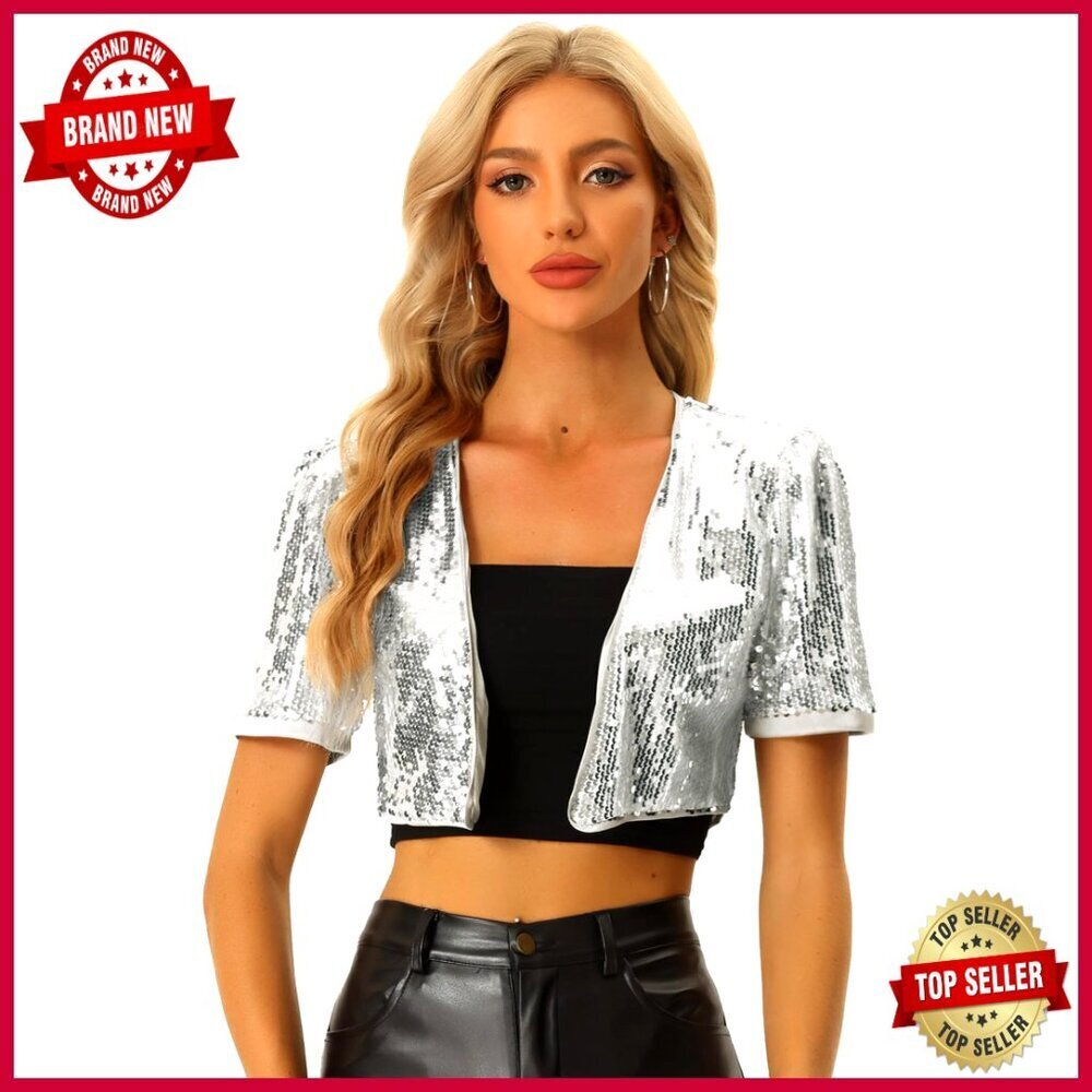 Sequin Cropped Cardigan Puff Sleeve Open Front Shrug Bolero Size X-Large